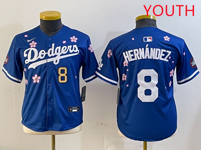 Youth Los Angeles Dodgers #8 Hernandez Blue Sakura Edition 2025 Nike MLB Jersey style 8